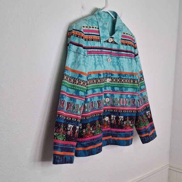 Coldwater Creek Multicolor Jacket Sz L Cotton Artsy Art-to-Wear Boho Aztec - Picture 3 of 13
